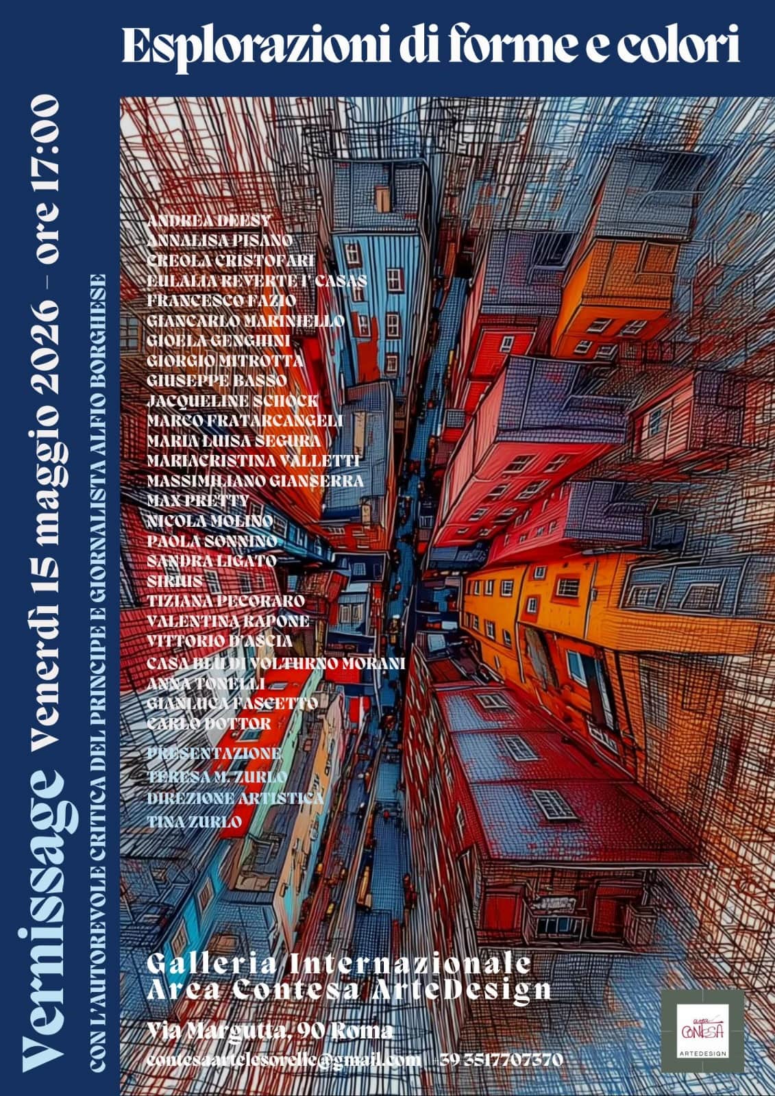 esplorazioni-di-forme-e-colori-vernissage-area-contesa-roma-2026 Official poster for the vernissage of "Esplorazioni di forme e colori" at Area Contesa ArteDesign in Rome, presented by Casa Blu di Volturno Morani.