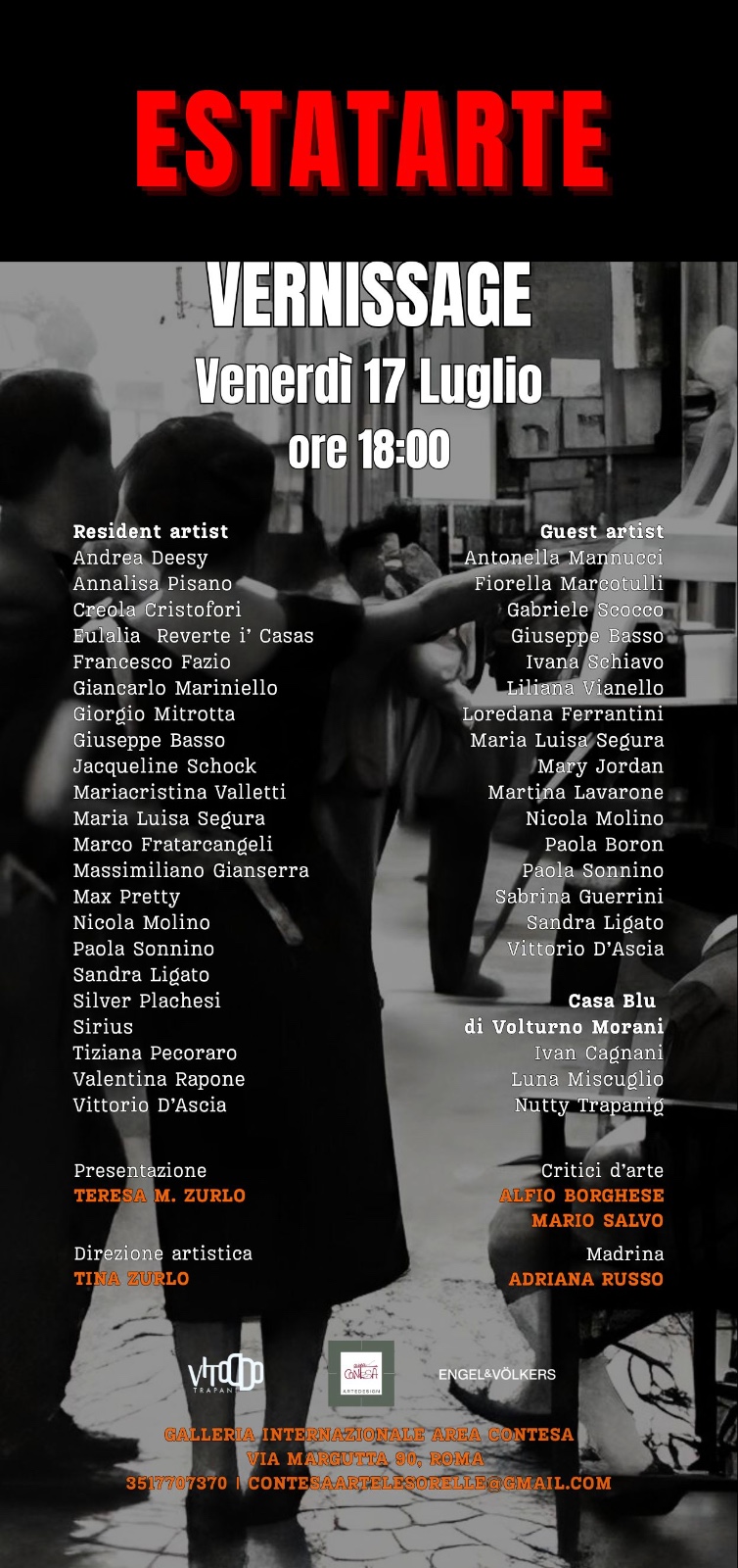 estatarte-vernissage-area-contesa-roma-2026 Official invitation poster for the vernissage of Estatarte at Area Contesa ArteDesign featuring resident artists from Casa Blu di Volturno Morani.