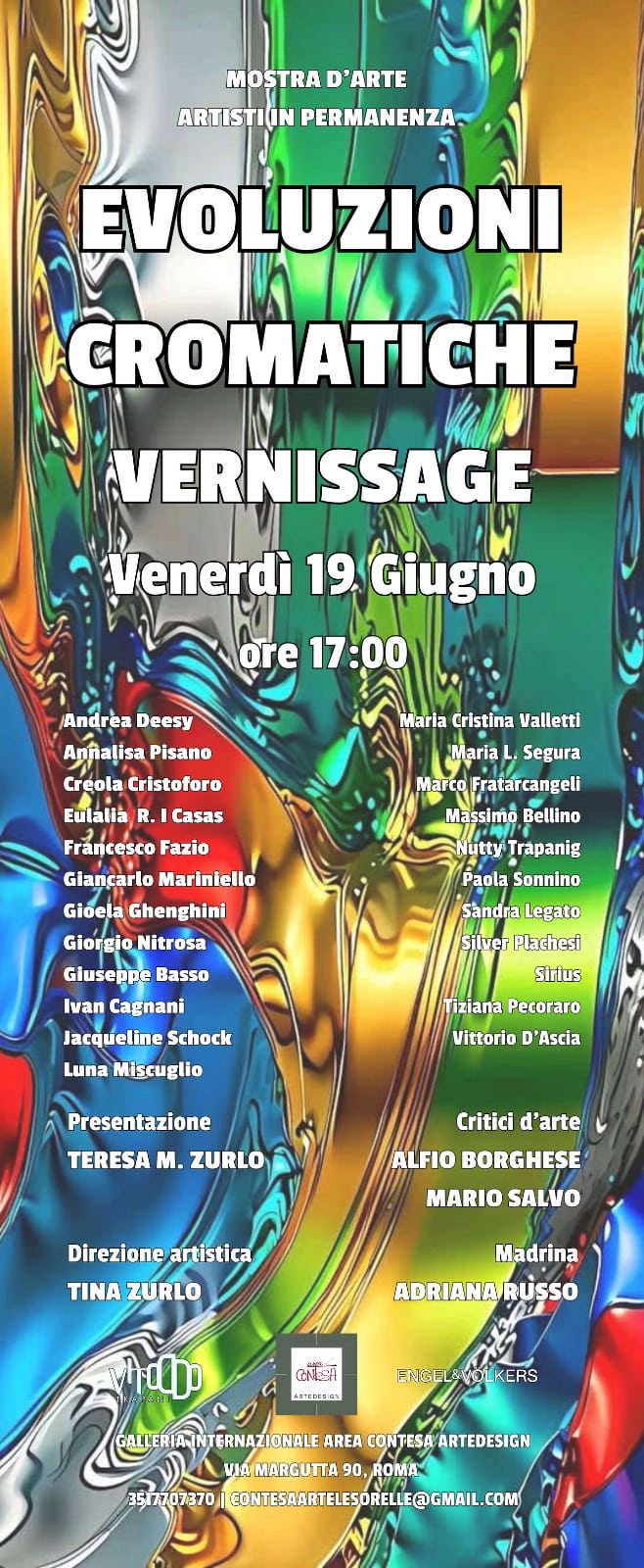 evoluzioni-cromatiche-vernissage-area-contesa-roma-2026 Locandina della mostra d'arte Evoluzioni Cromatiche con gli artisti in permanenza di Casa Blu di Volturno Morani in Via Margutta a Roma.